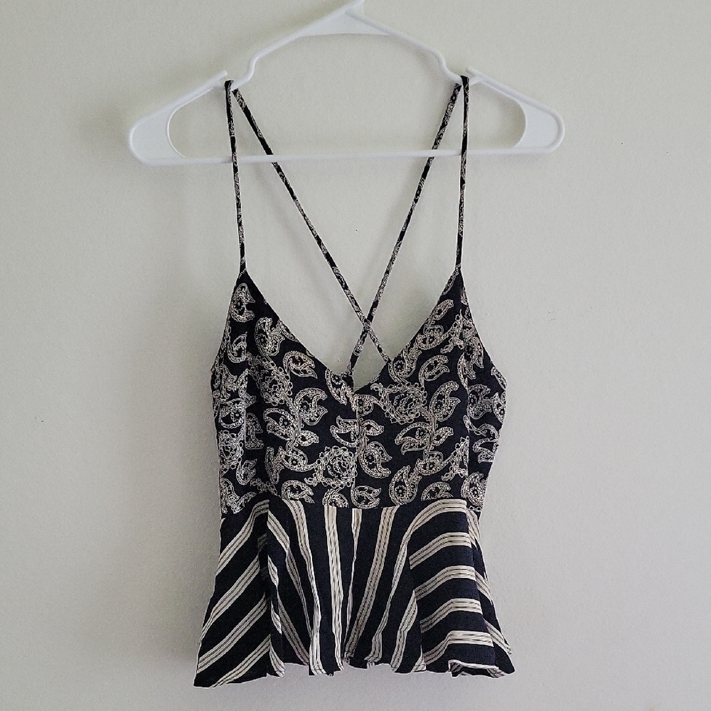Topshop Black and Cream Paisley Striped V-Neck Spaghetti Strap Camisole